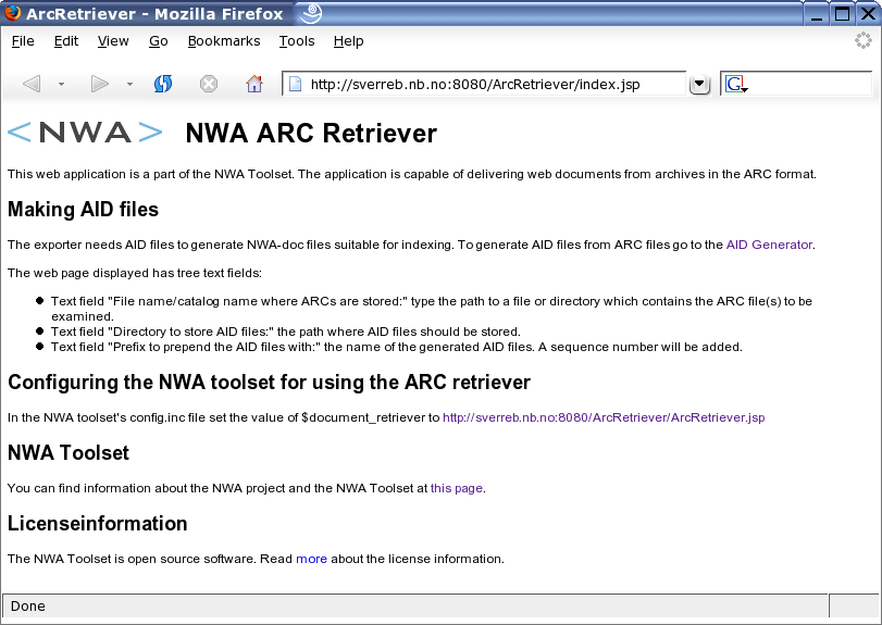 Arc Retriever start page